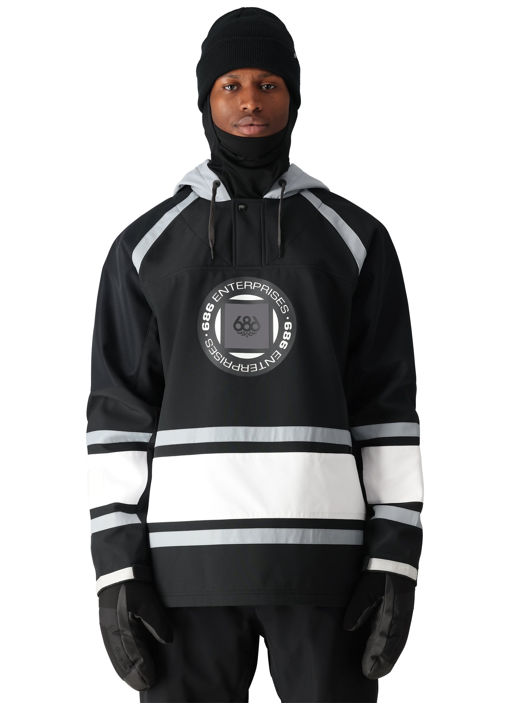 The 686 Waterproof Slapshot Hoody 2025 features a black and white color scheme with gray accents on the hood.