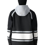The 686 Waterproof Slapshot Hoody 2025 is black with white stripes and a white hood.