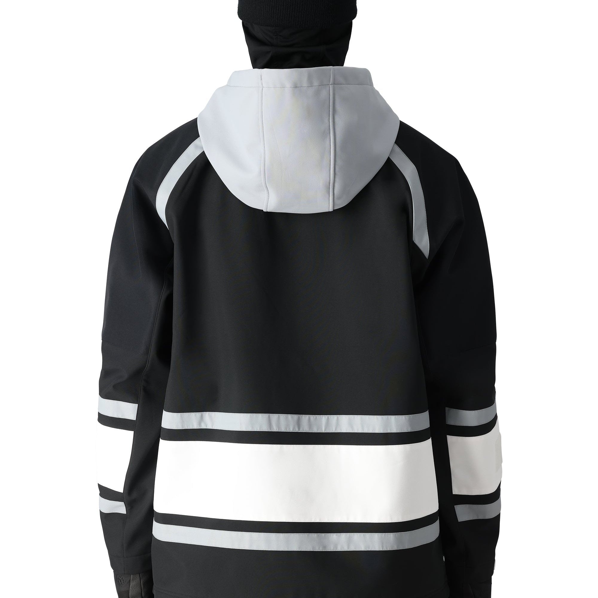 The 686 Waterproof Slapshot Hoody 2025 is black with white stripes and a white hood.