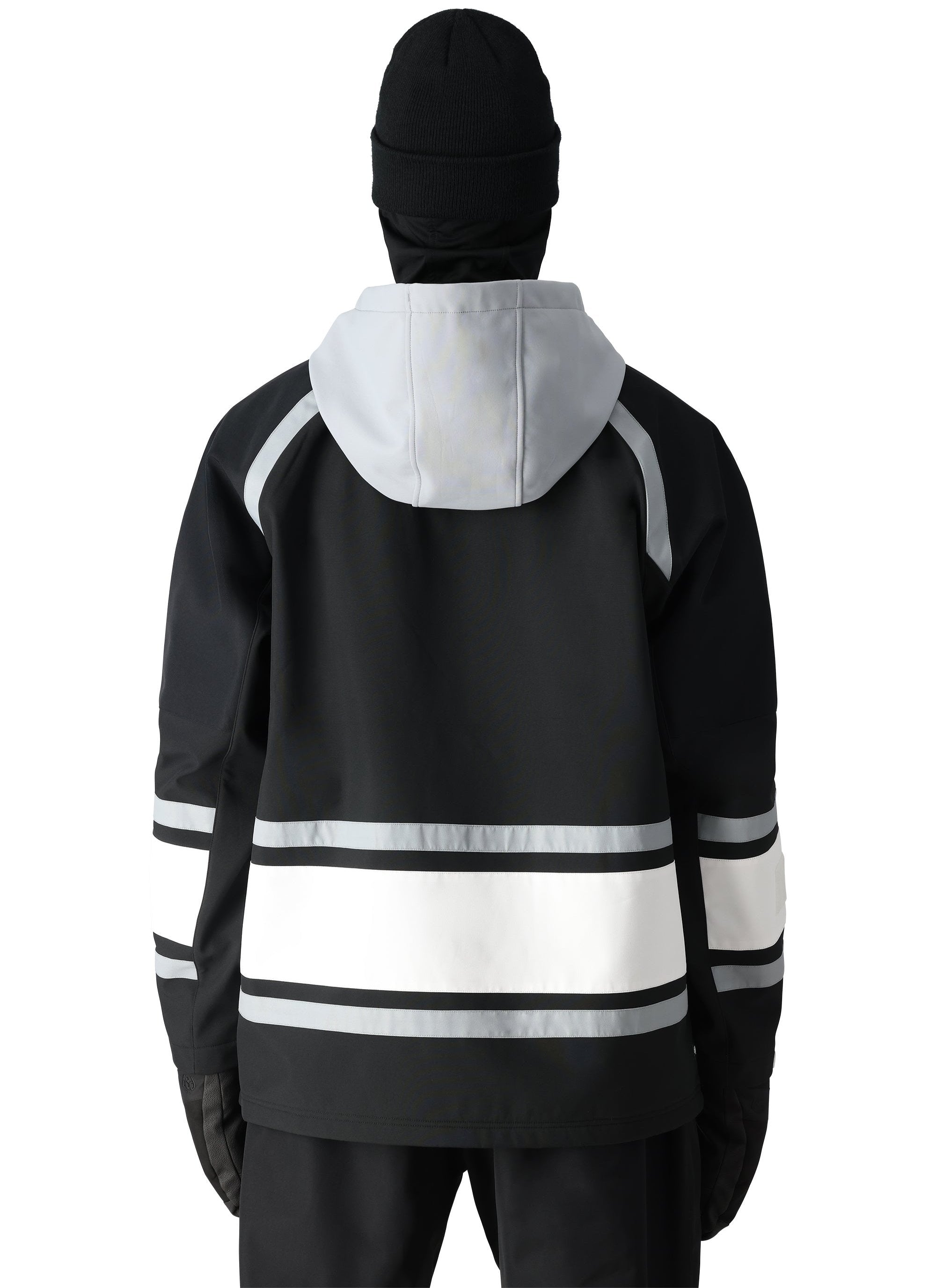 The 686 Waterproof Slapshot Hoody 2025 is black with white stripes and a white hood.