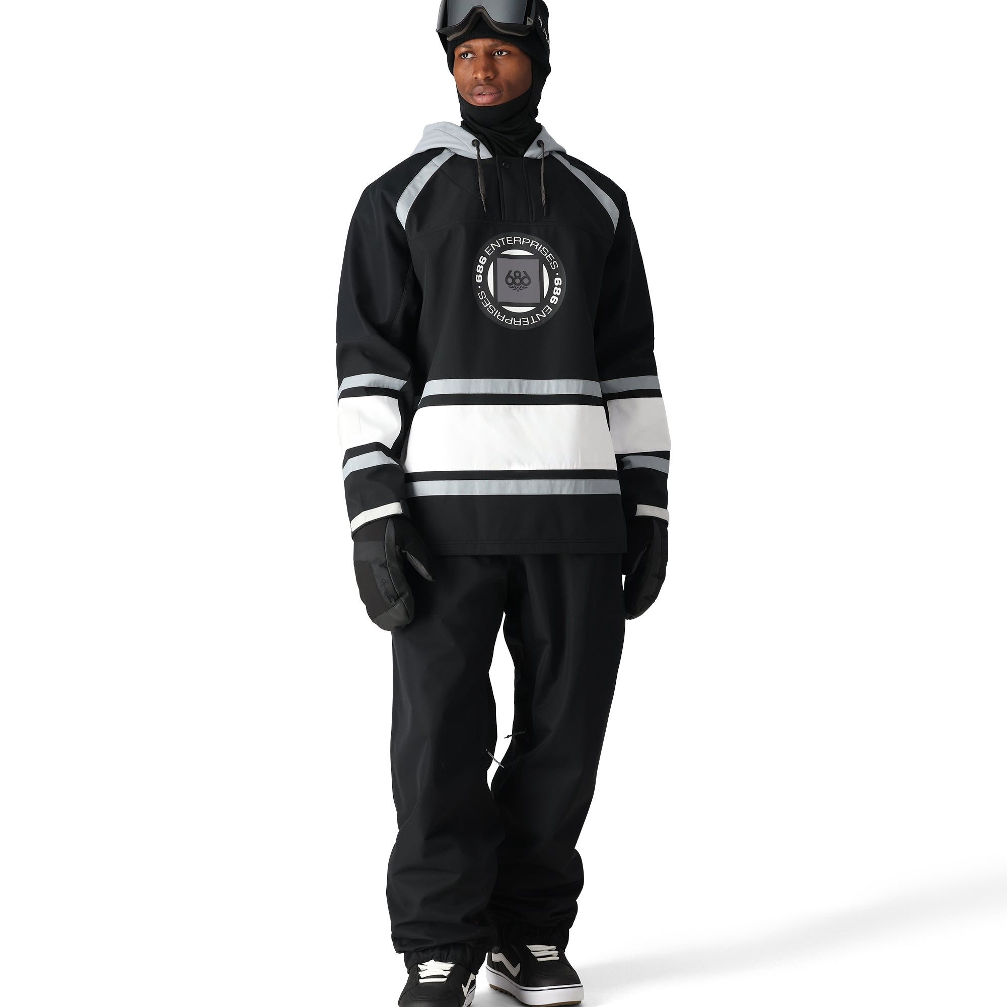 The 686 Waterproof Slapshot Hoody 2025 has a black body with white stripes and grey accents.
