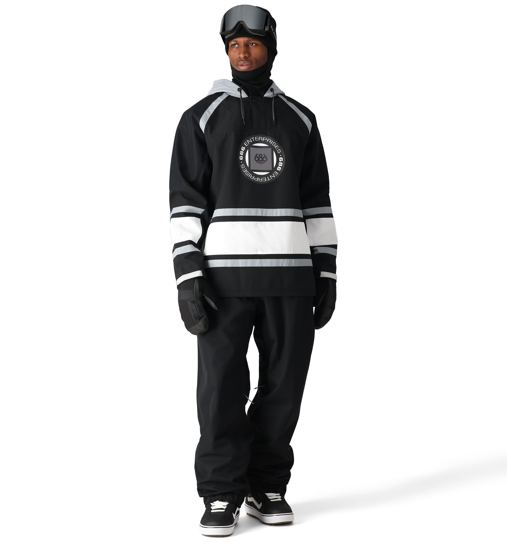 The 686 Waterproof Slapshot Hoody 2025 has a black body with white stripes and grey accents.