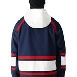 The 686 Waterproof Slapshot Hoody 2025 has a navy blue body with red and white stripes.