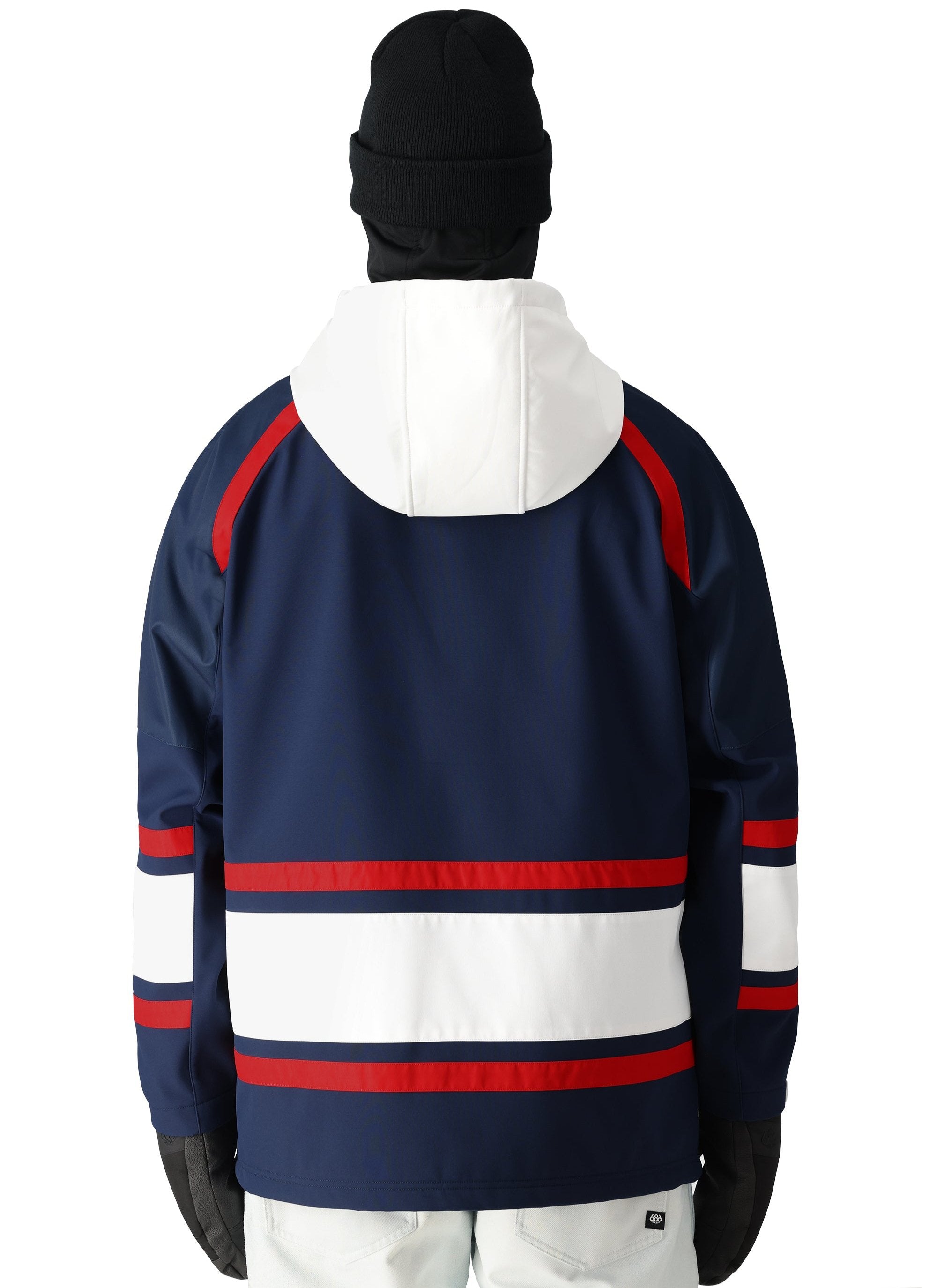 The 686 Waterproof Slapshot Hoody 2025 has a navy blue body with red and white stripes.