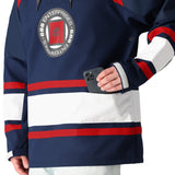 The 686 brand's blue and white Waterproof Slapshot Hoody 2025 has red accents on the shoulders.