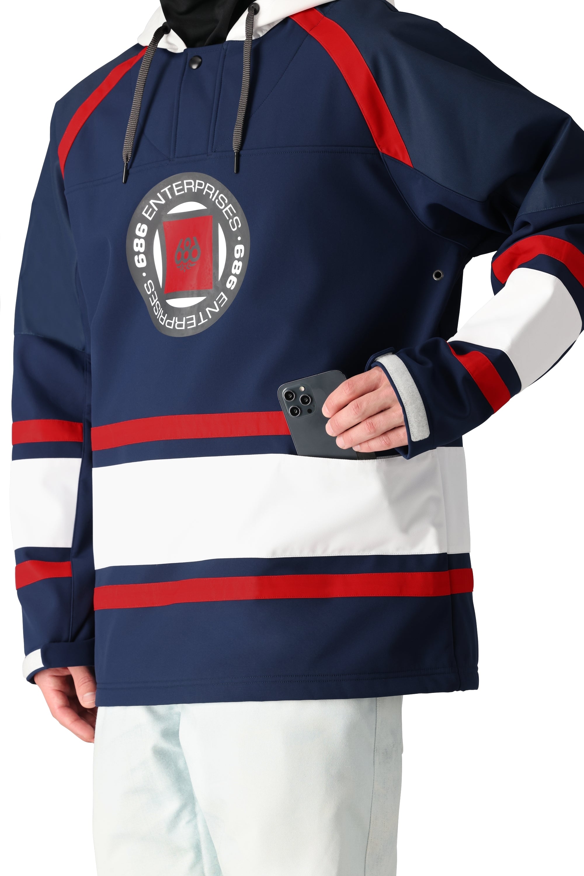 The 686 brand's blue and white Waterproof Slapshot Hoody 2025 has red accents on the shoulders.