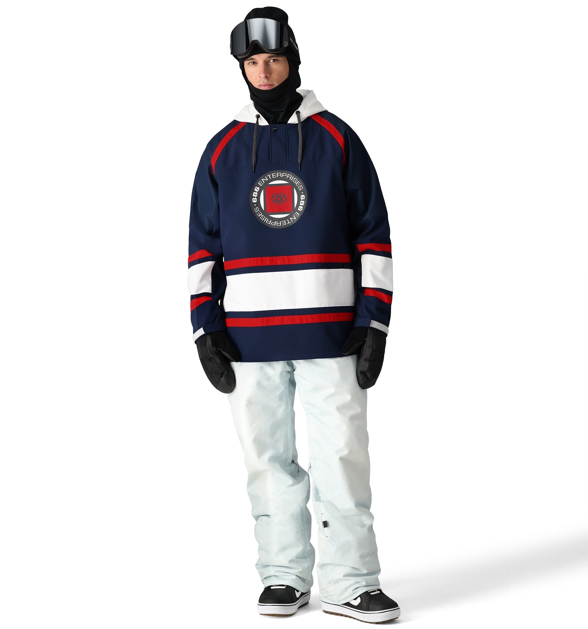 The 686 Waterproof Slapshot Hoody 2025 is navy blue with red and white stripes on the front.