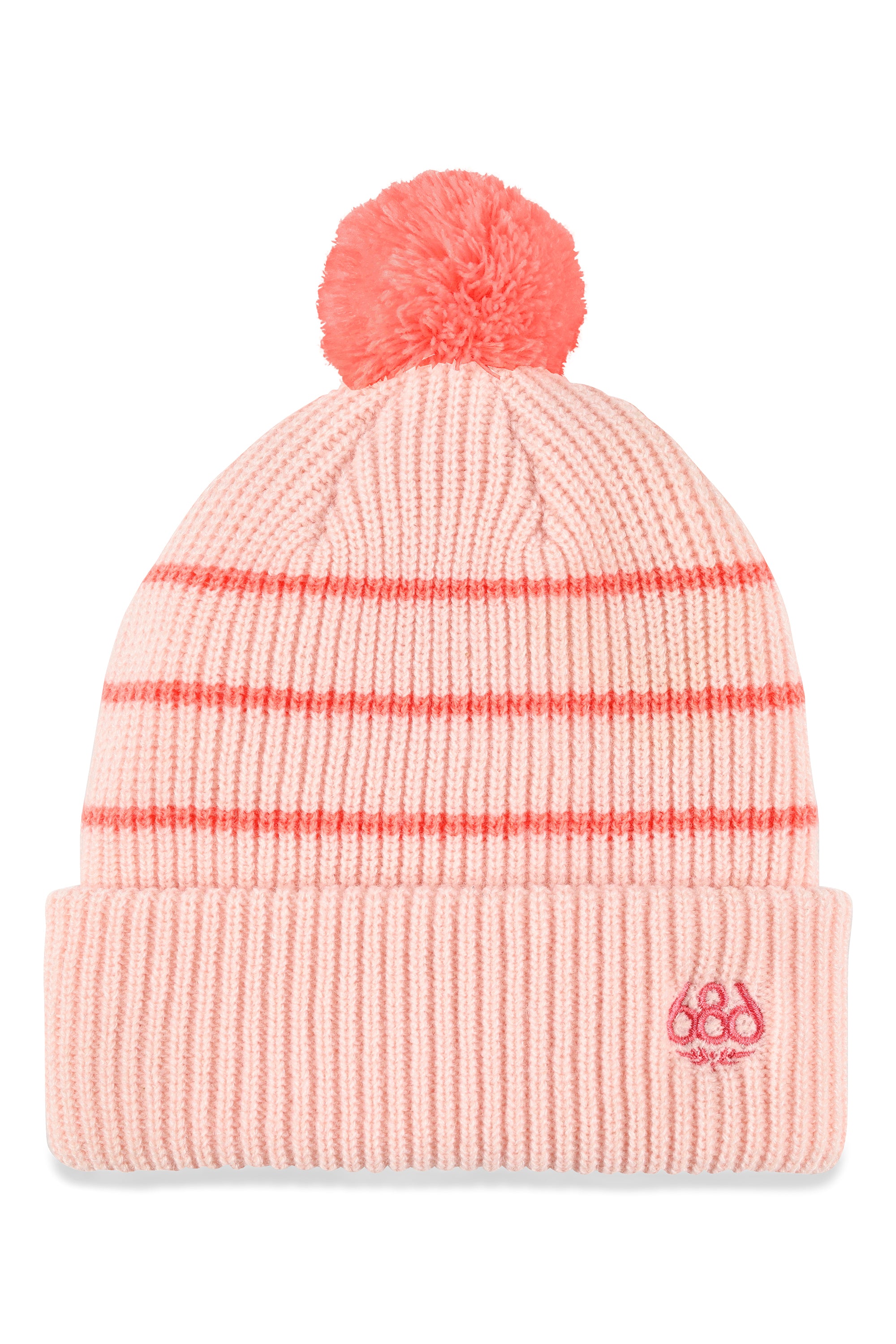 The 686 Girl's Knit Pom Beanie 2025 is light pink with coral stripes and a matching pom on top.