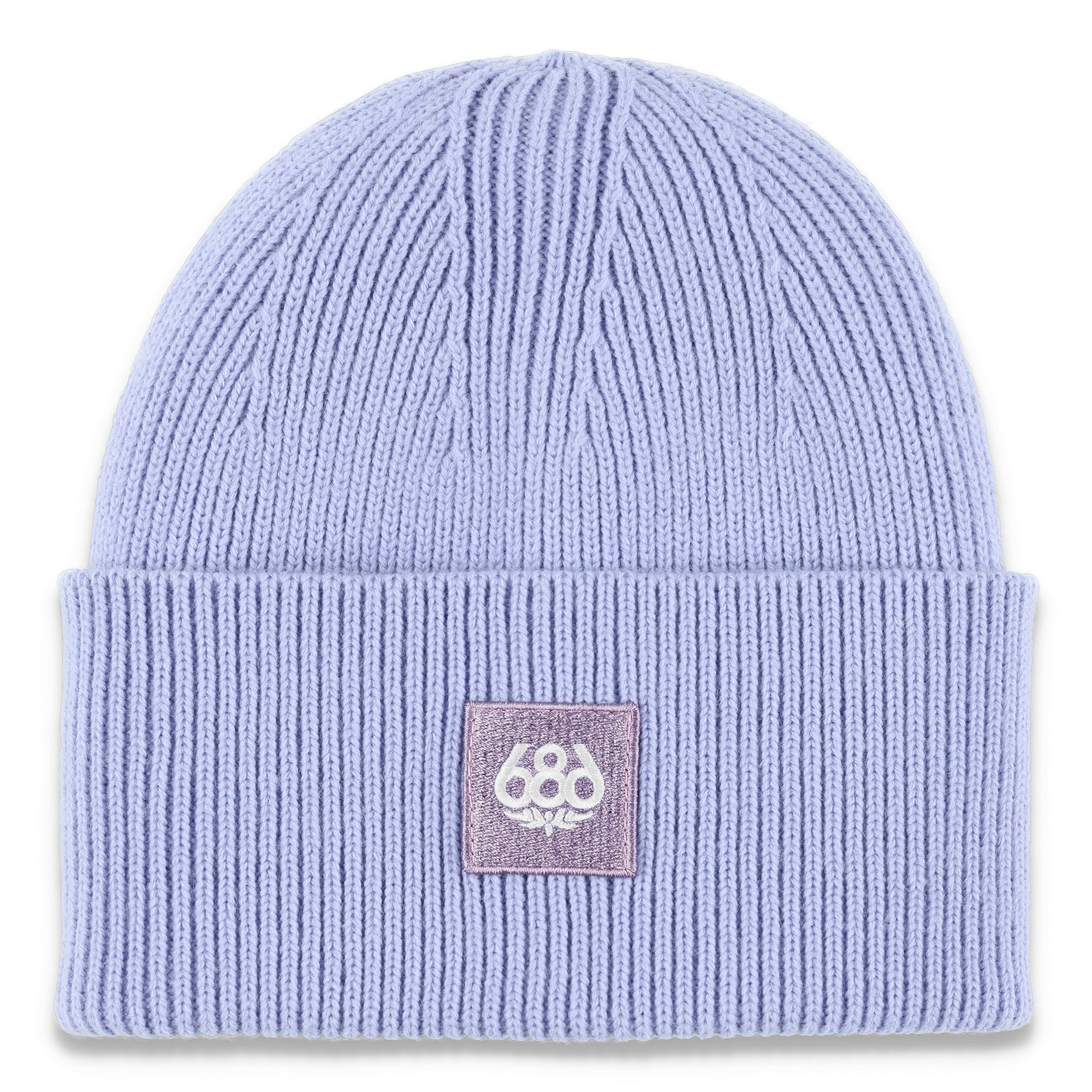 The 686 Women's Big Cuff Beanie 2025 is a light purple beanie with a ribbed cuff and a small embroidered logo on the front.