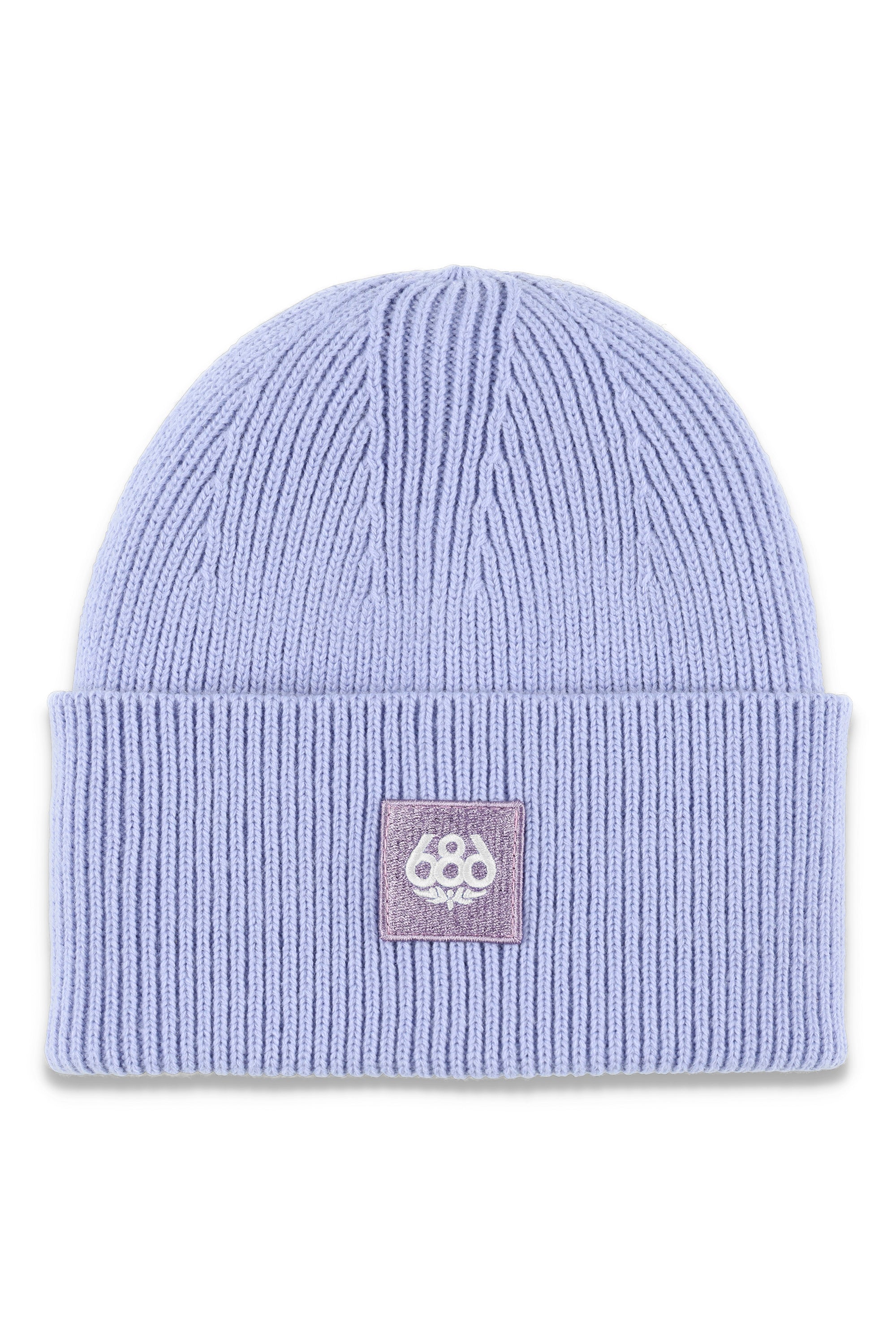 The 686 Women's Big Cuff Beanie 2025 is a light purple beanie with a ribbed cuff and a small embroidered logo on the front.