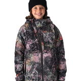 The 686 Girl's Hydra Insulated Jacket features a black base with a pink and gray abstract pattern, a hood, and a zippered front.