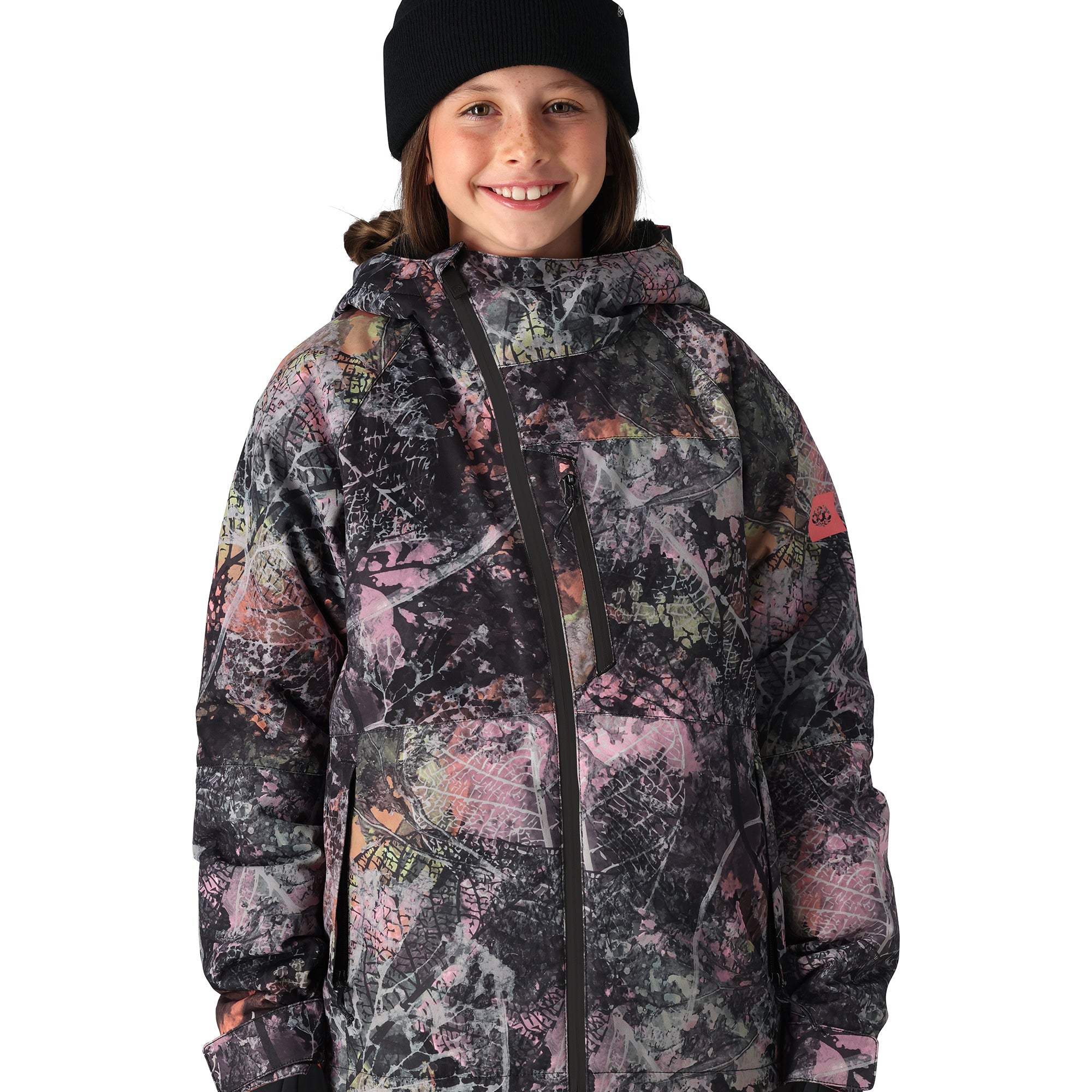 The 686 Girl's Hydra Insulated Jacket features a black base with a pink and gray abstract pattern, a hood, and a zippered front.