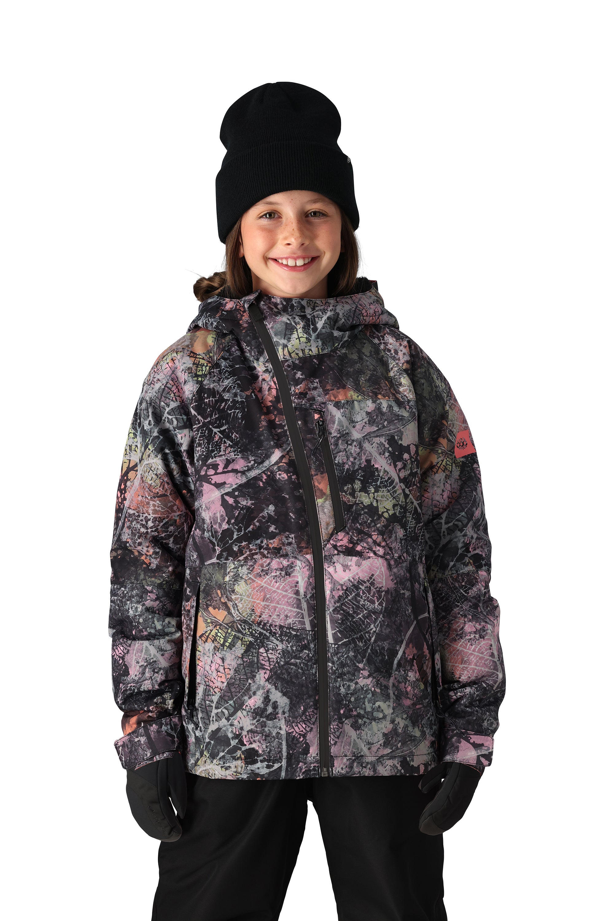 The 686 Girl's Hydra Insulated Jacket features a black base with a pink and gray abstract pattern, a hood, and a zippered front.