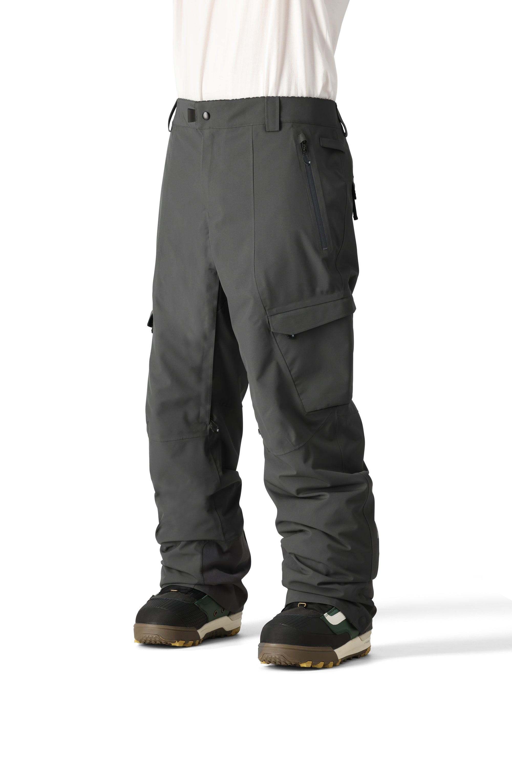 The 686 Quantum Thermagraph Pant has a dark grey color and appears to be viewed from the back, showcasing an adjustable waistband with a black drawstring.