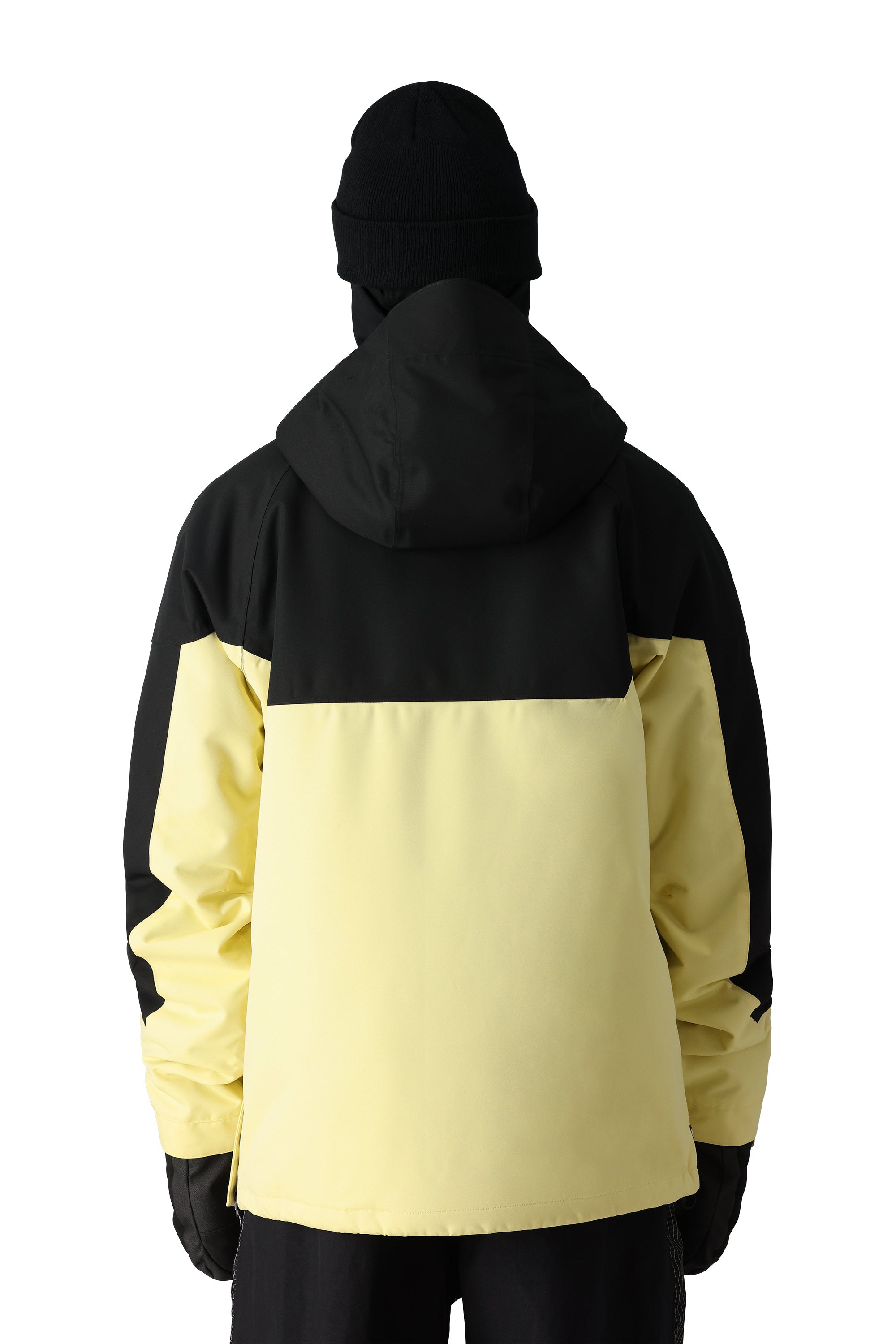 The 686 Renewal Insulated Anorak Jacket features a black and yellow color scheme with an adjustable hood.
