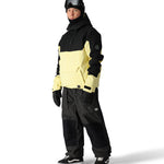 The 686 Renewal Insulated Anorak Jacket 2025, visible in the front view, has a black and yellow color block design with an insulated hood.