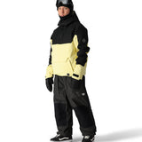 The 686 Renewal Insulated Anorak Jacket 2025, visible in the front view, has a black and yellow color block design with an insulated hood.