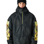 The 686 Renewal Insulated Anorak Jacket 2025 is black with yellow accents and a zippered front in a side view.
