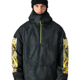 The 686 Renewal Insulated Anorak Jacket 2025 is black with yellow accents and a zippered front in a side view.