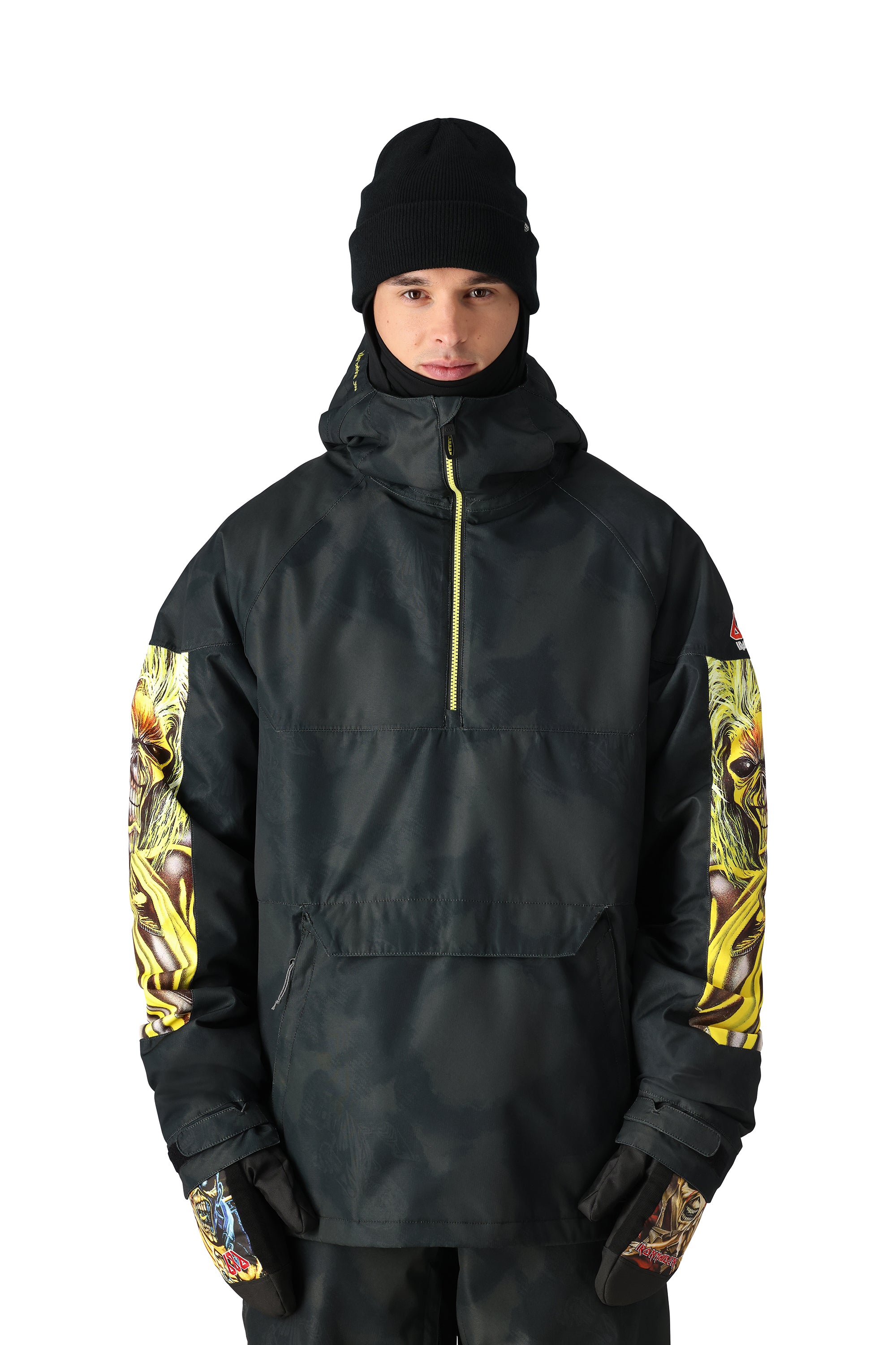 The 686 Renewal Insulated Anorak Jacket 2025 is black with yellow accents and a zippered front in a side view.