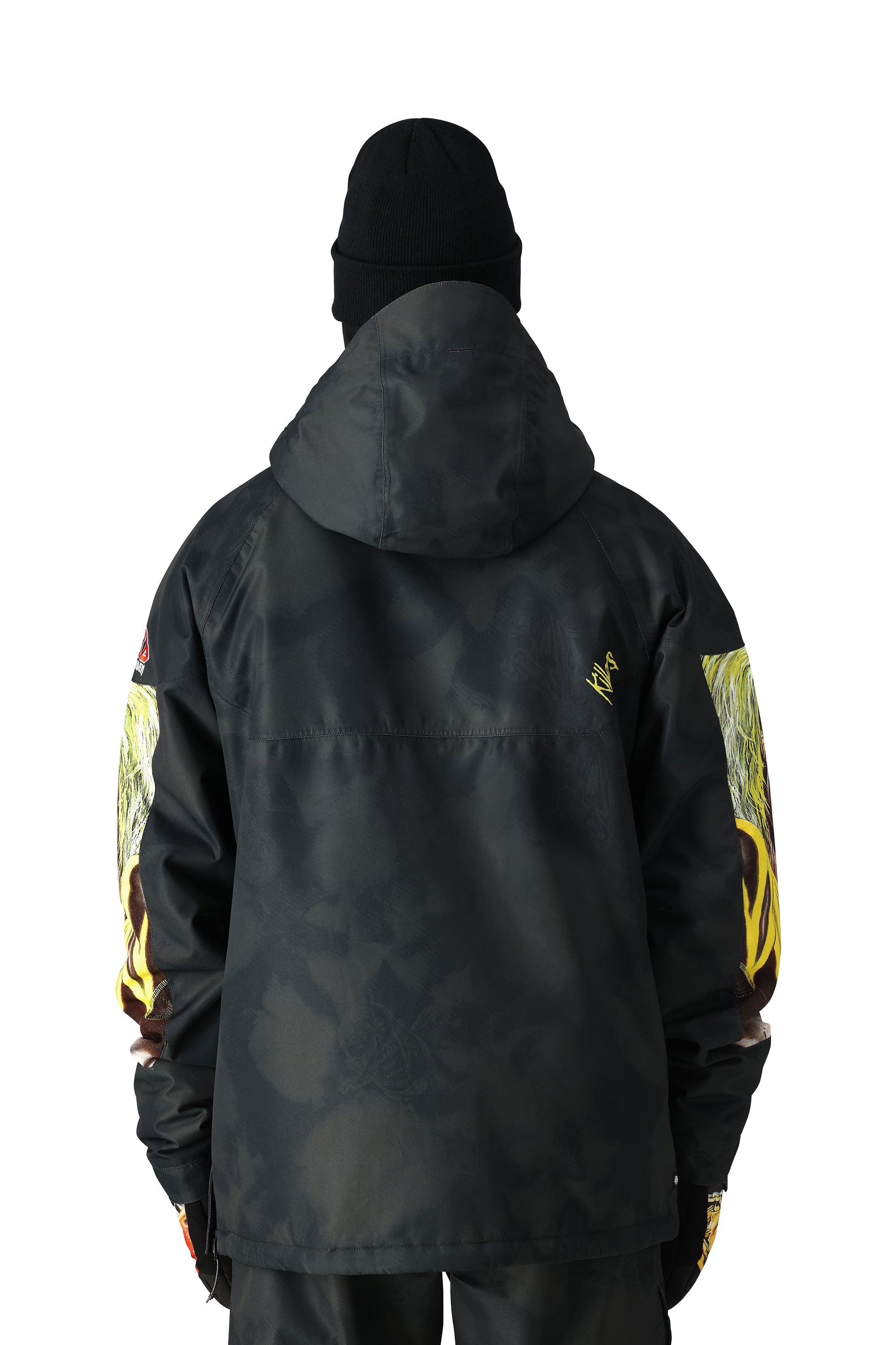 The 686 Renewal Insulated Anorak Jacket 2025 is black with yellow and gray accents on the arms.