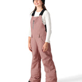 The 686 Girl's Sierra Insulated Bib 2025 is shown from the front in dusty rose, with black adjustable shoulder straps and a gray zipper.