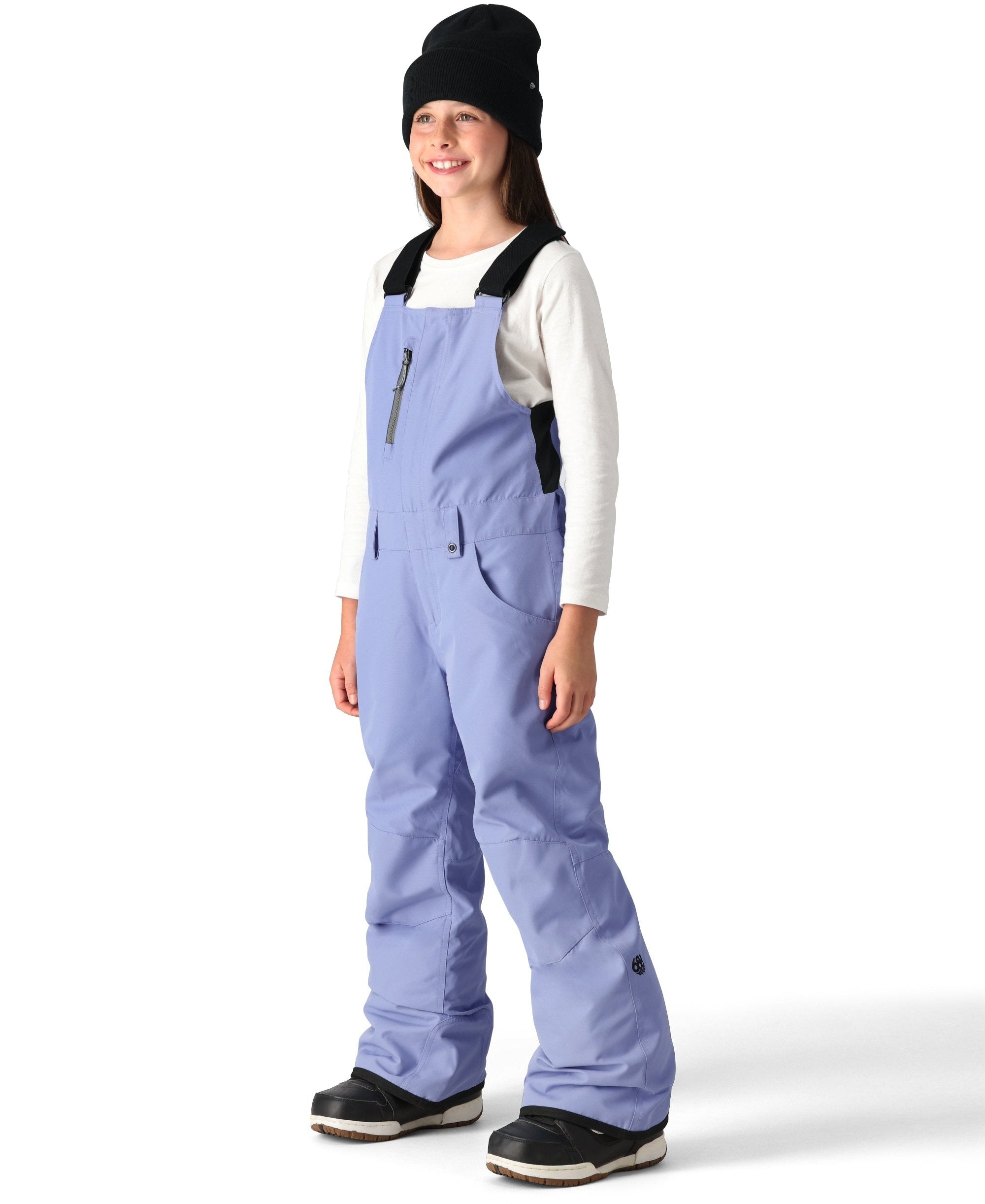 The 686 brand Sierra insulated bib pants are light purple with black accents and have adjustable straps.