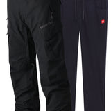 Men's black cargo pants with a visible navy inner pair, button waist, belt loops