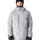 A light gray 686 Smarty 3-in-1 form jacket with a black hood and a zipper down the front.