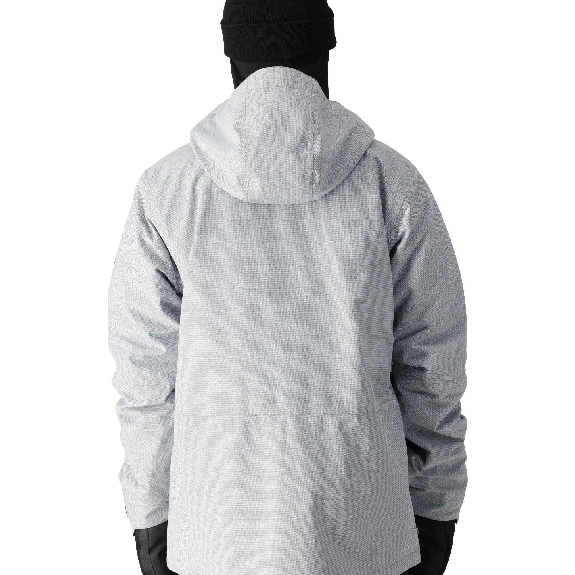 The 686 Smarty 3-in-1 Form Jacket features a light gray color with a black hood and cuffs.