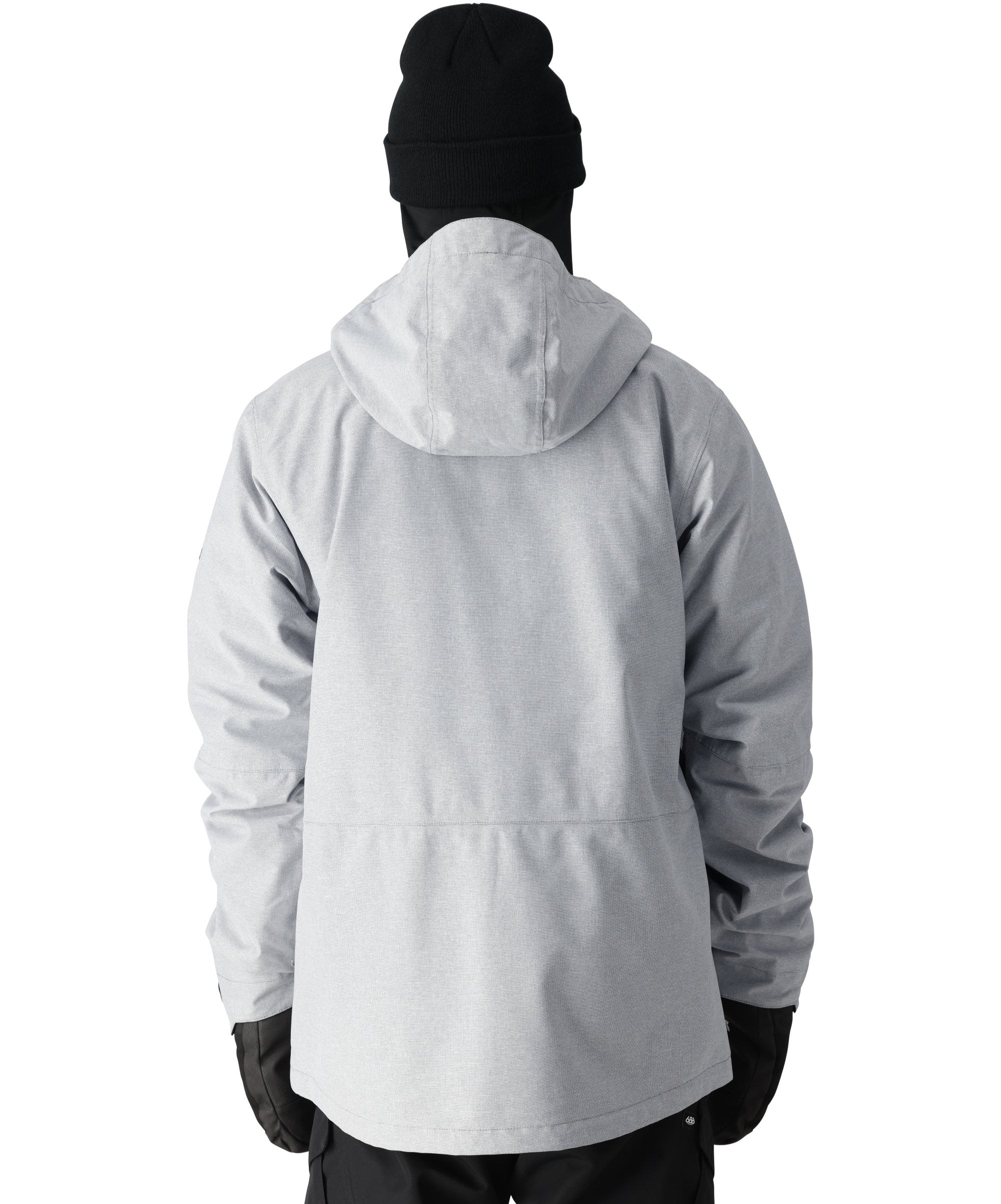 The 686 Smarty 3-in-1 Form Jacket features a light gray color with a black hood and cuffs.