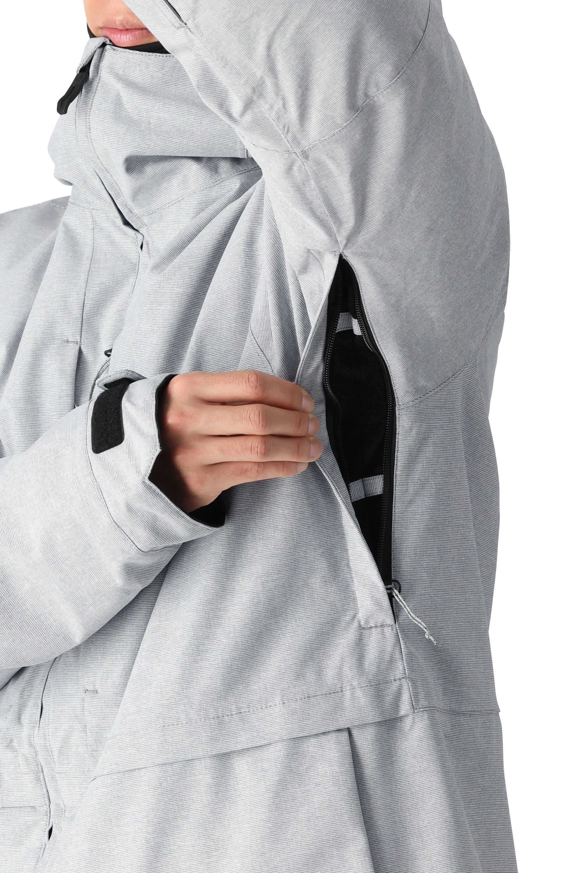 The 686 Smarty 3-in-1 Form Jacket in light gray features a black zipper and is shown from the front view.