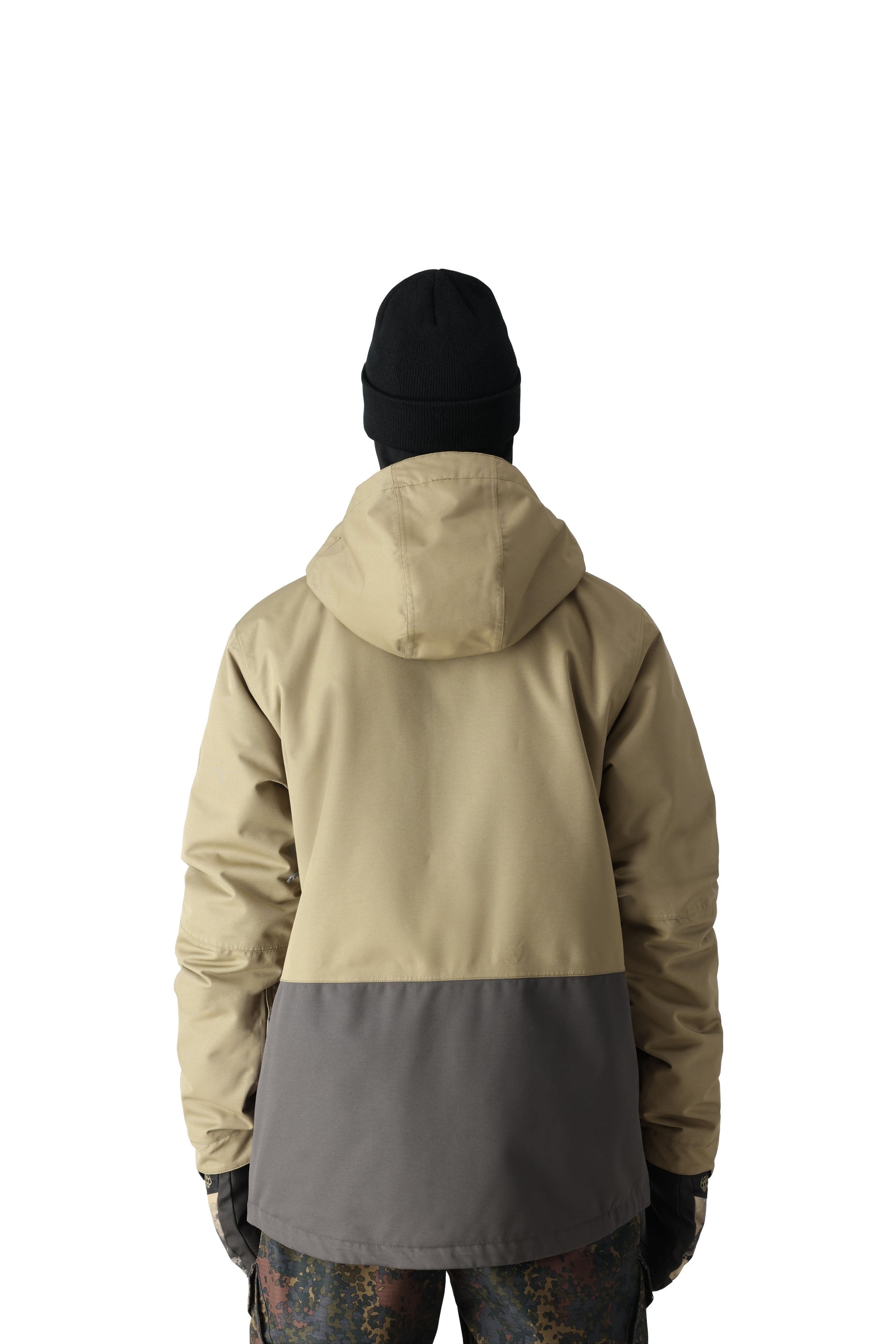 The 686 Smarty 3-in-1 Form Jacket in khaki and gray has an oversized zippered chest pocket on the front view.