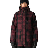 The 686 Women's Spirit Insulated Jacket 2025 is primarily maroon with black plaid and has an insulated hood.