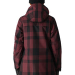 The 686 Spirit Insulated Jacket, shown from the back, has a red and black plaid pattern with an insulated hood.