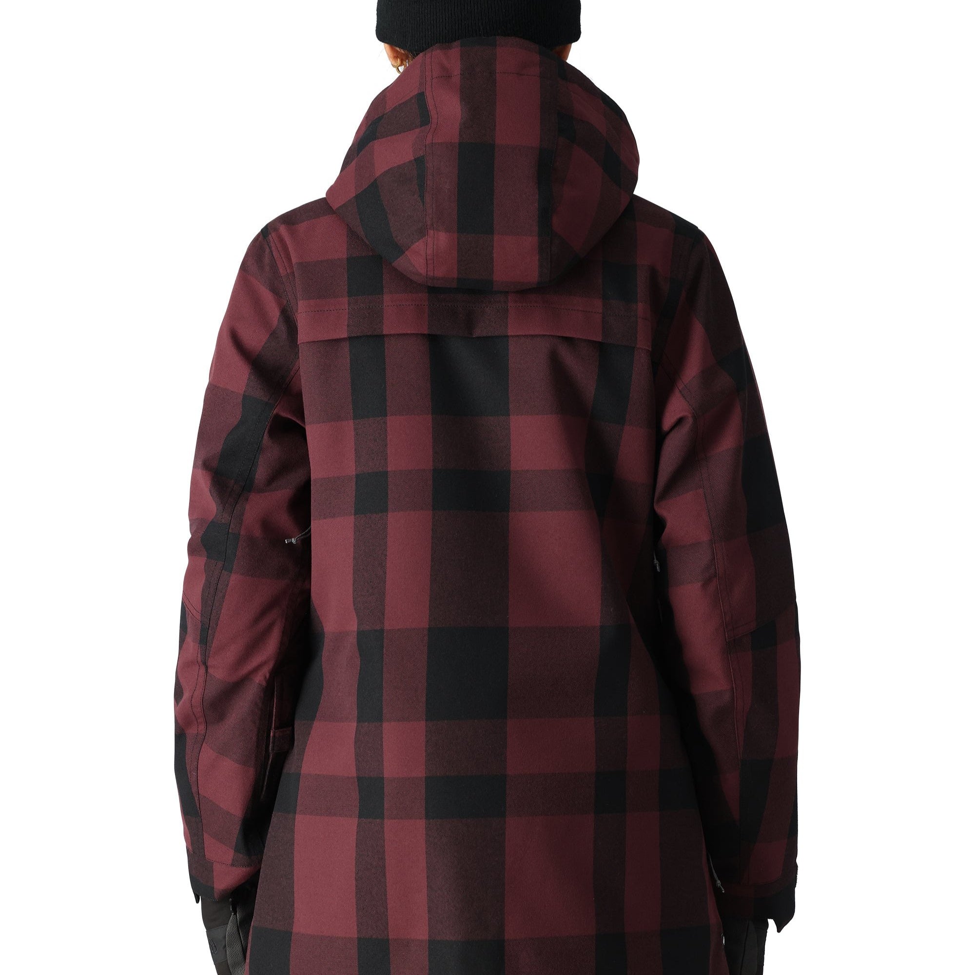 The 686 Spirit Insulated Jacket, shown from the back, has a red and black plaid pattern with an insulated hood.
