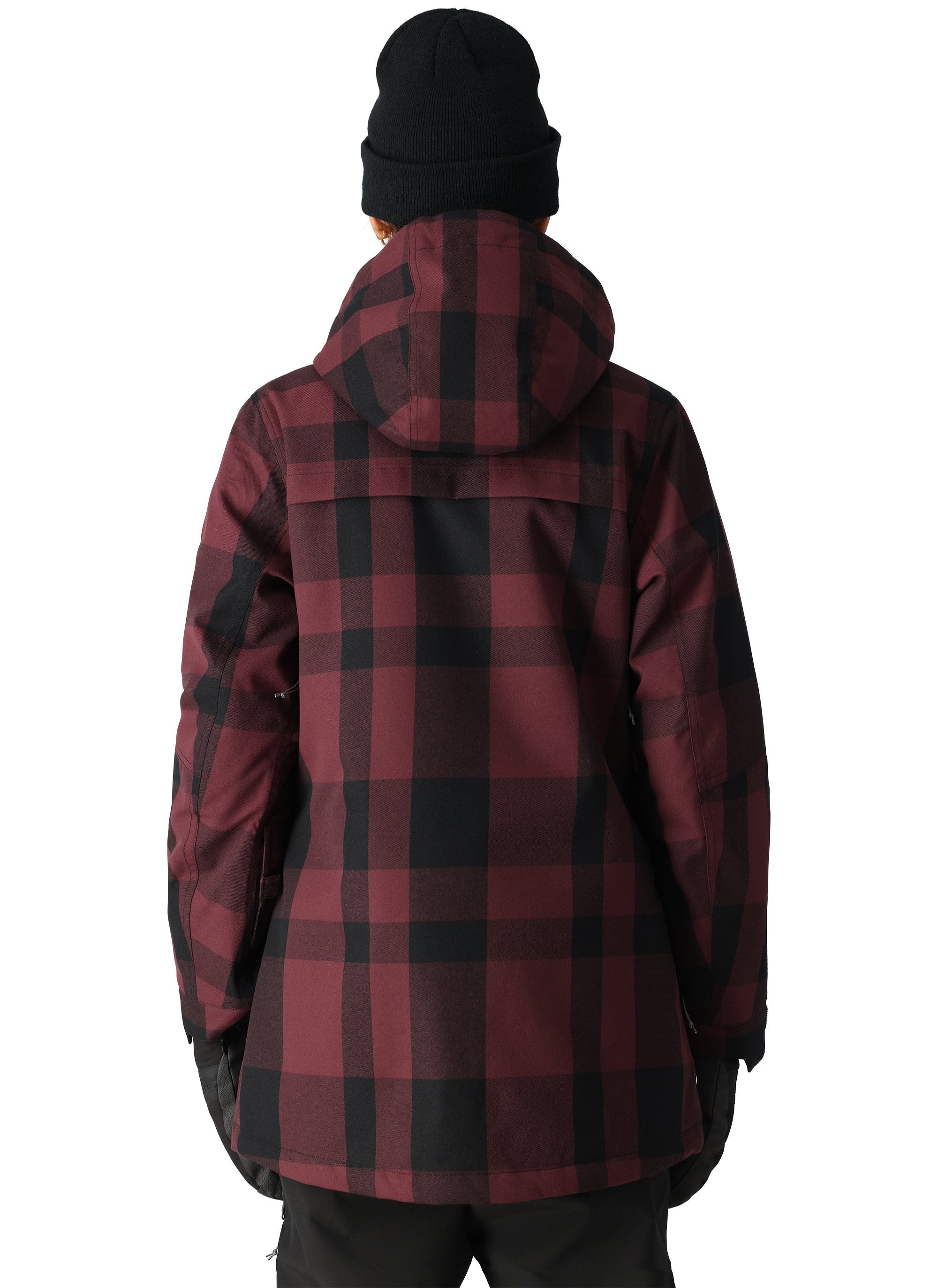 The 686 Spirit Insulated Jacket, shown from the back, has a red and black plaid pattern with an insulated hood.