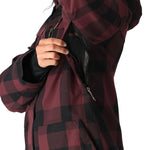 The 686 brand offers the Women's Spirit Insulated Jacket in a red and black plaid pattern.