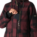 The 686 Spirit Insulated Jacket in burgundy and black plaid has an insulated hood with drawstrings.