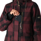 The 686 Spirit Insulated Jacket in burgundy and black plaid has an insulated hood with drawstrings.