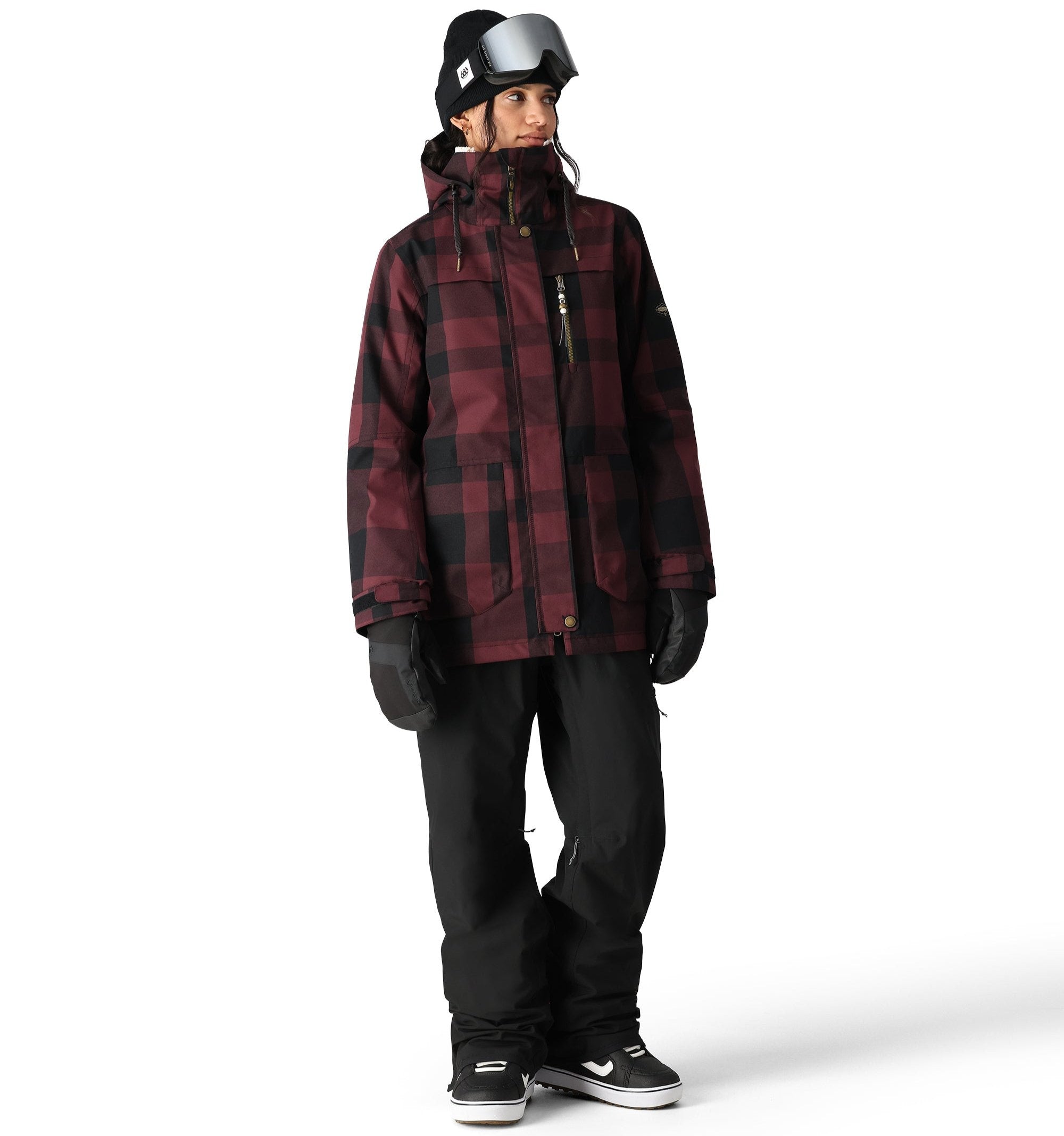 The 686 Women's Spirit Insulated Jacket 2025 is plum and black plaid with a high collar and zippered front.