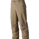 The 686 brand Men's Standard Shell Pant 2025 has a khaki color with multiple zippered pockets on both sides and an adjustable waistband.