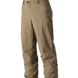 The 686 brand Men's Standard Shell Pant 2025 has a khaki color with multiple zippered pockets on both sides and an adjustable waistband.