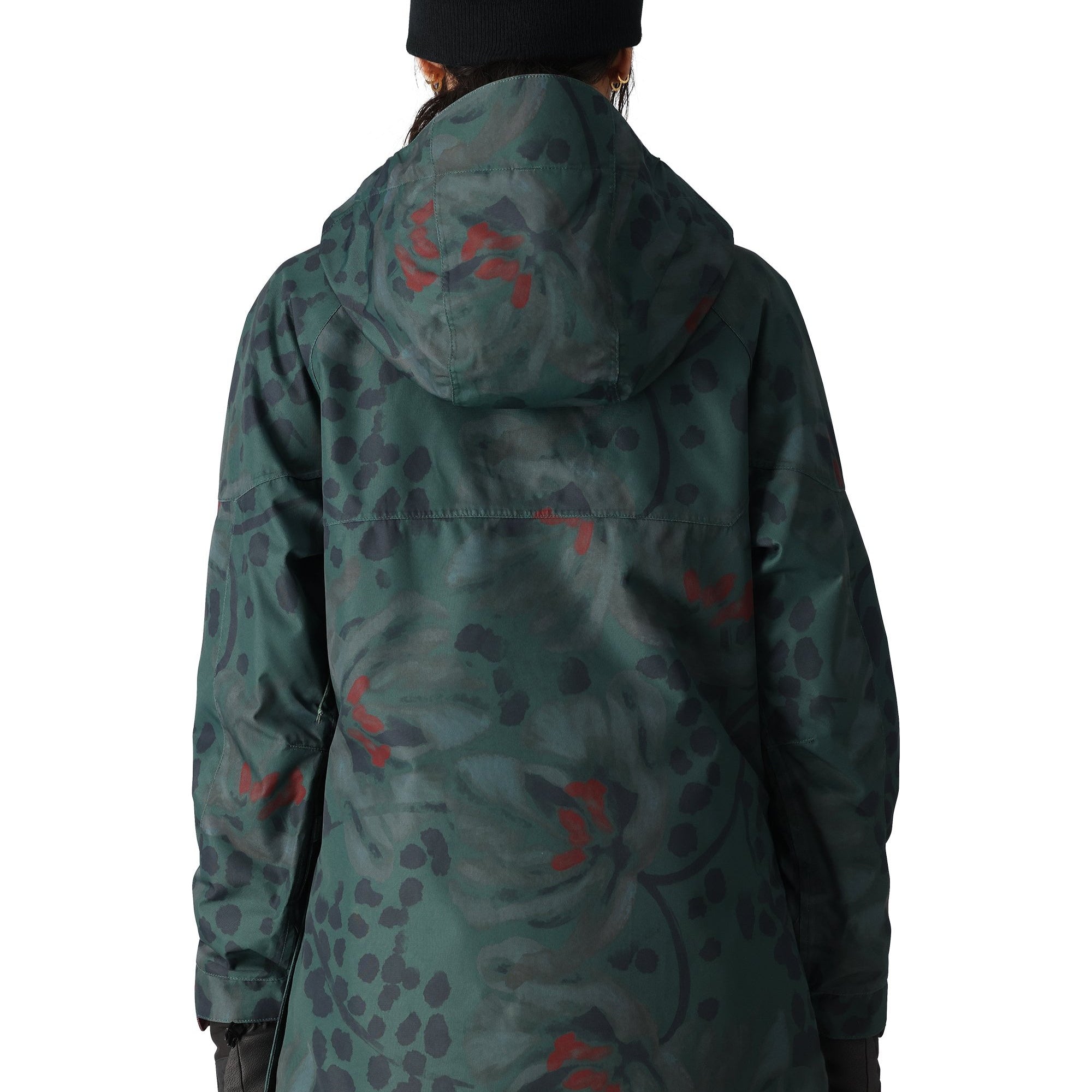 The 686 Women's Upton Insulated Anorak Jacket 2025 is predominantly green with a red and black leopard print pattern.