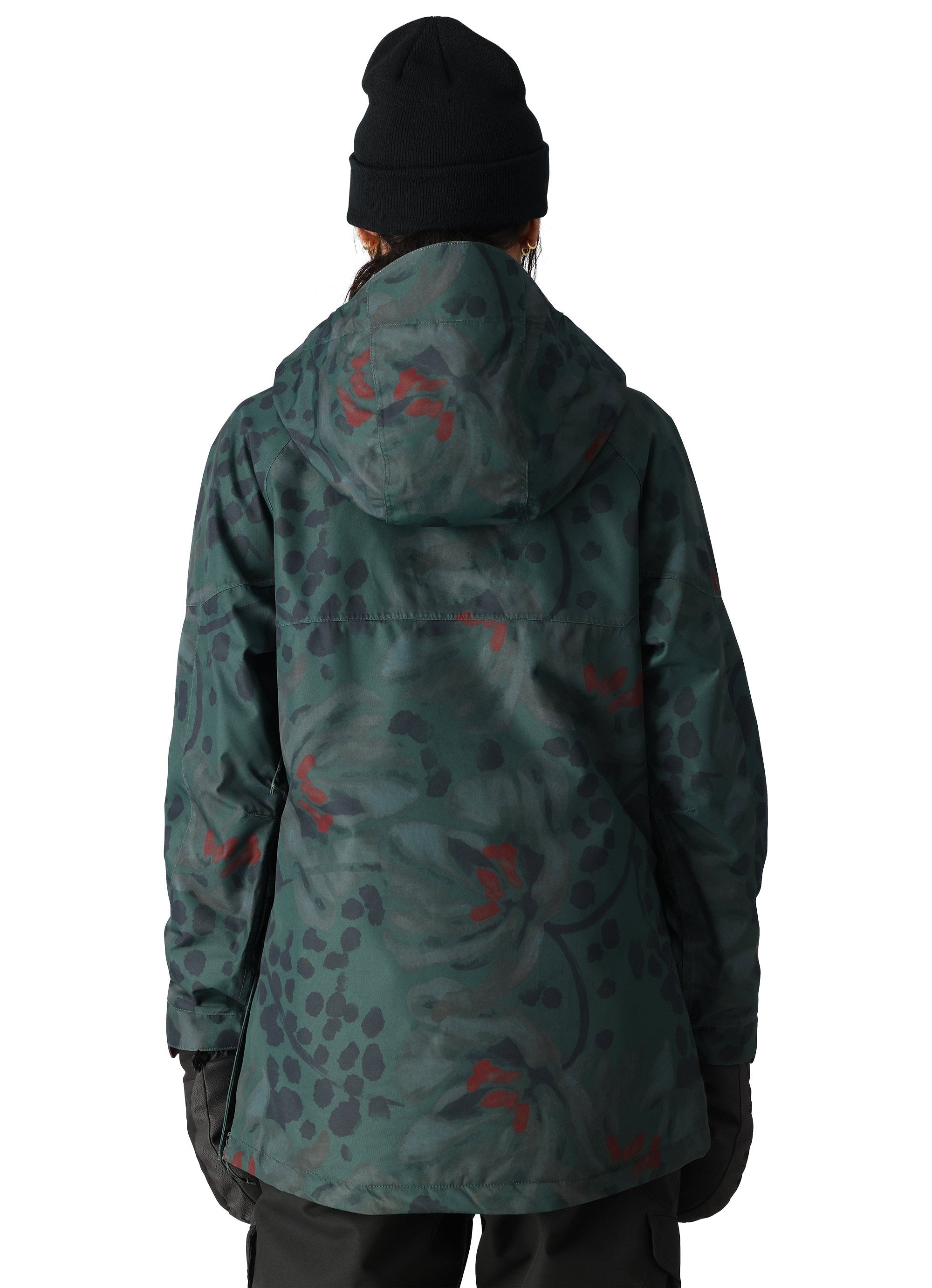 The 686 Women's Upton Insulated Anorak Jacket 2025 is predominantly green with a red and black leopard print pattern.