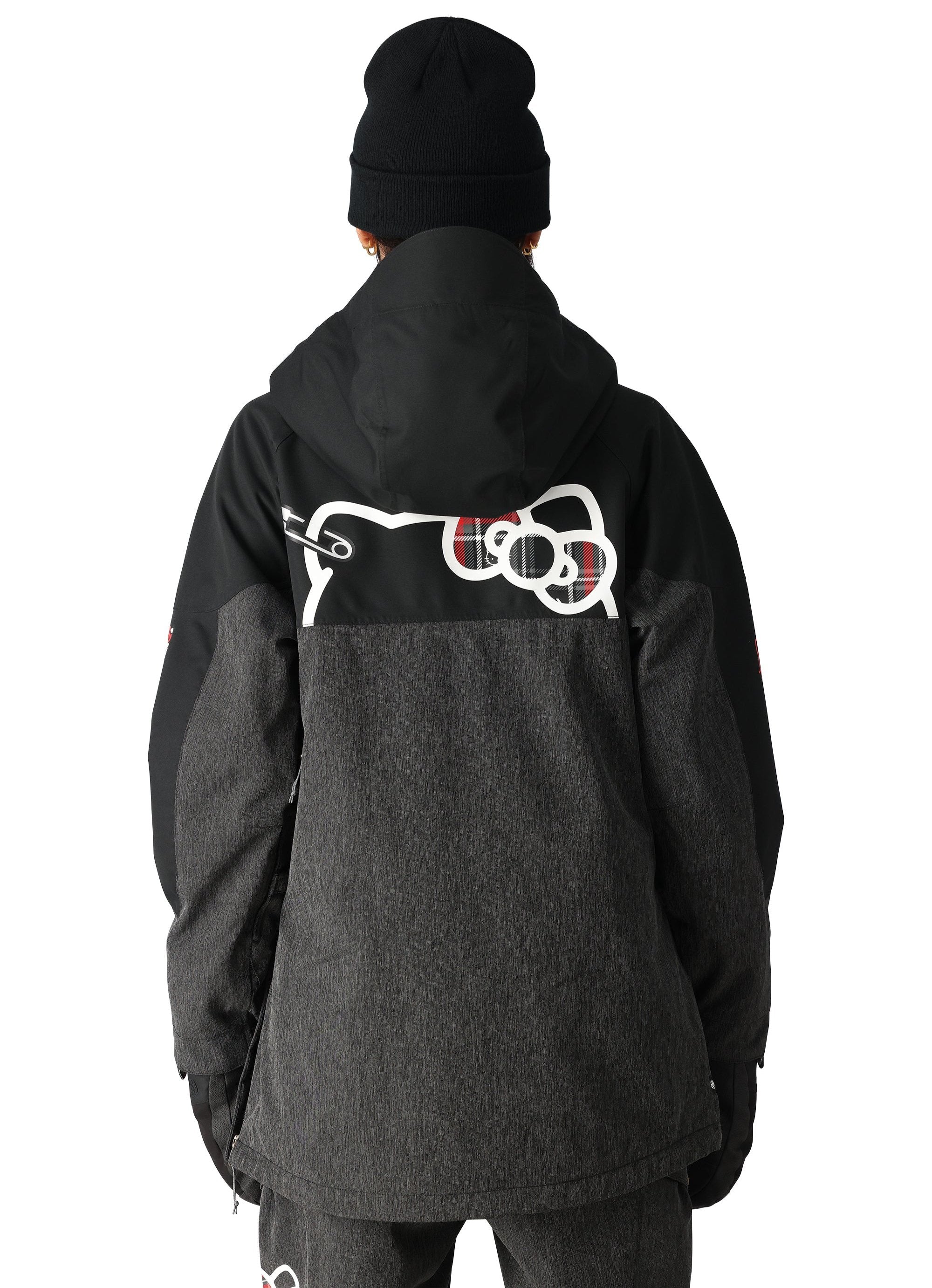 The 686 Women's Upton Insulated Anorak Jacket 2025 is black and gray with a hood, featuring an insulated design.