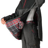 The 686 Women's Upton Insulated Anorak Jacket features a black and red plaid pattern on the inside lining and an adjustable hood.