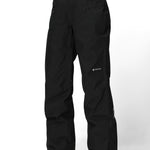 Black insulated ski pants with side vents, zip pocket, and ankle cuff tabs