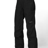 Black insulated ski pants with side vents, zip pocket, and ankle cuff tabs