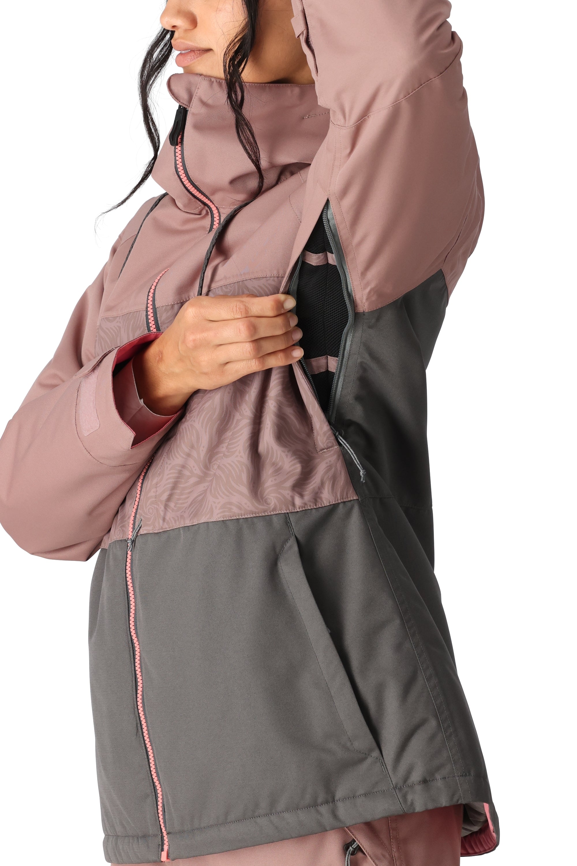 The 686 Women's Athena Insulated Jacket 2025 in this front view features a pink color with a black and pink BOA dial on the left side.